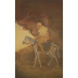 20th century Indian School Traveller on horseback watercolour, stamped seal mark upper right 35cm