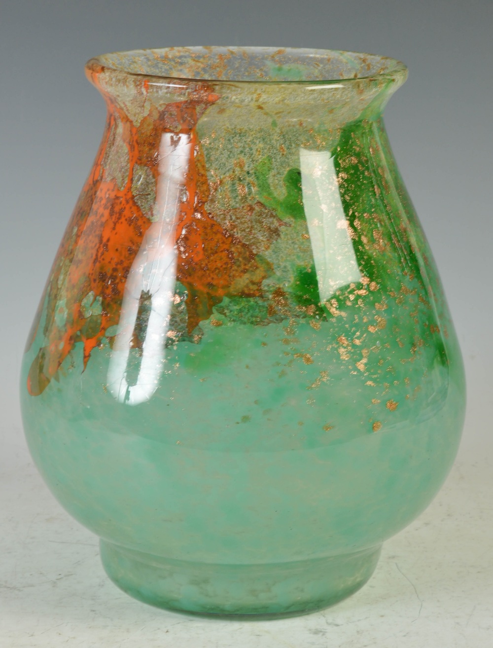 A large Monart vase, shape RA, mottled green, clear and orange with gold coloured inclusions, 25.5cm