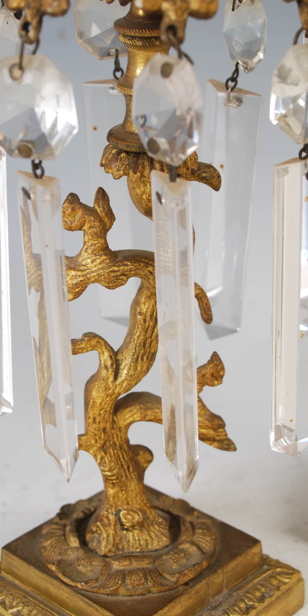 A pair of early 19th century gilt metal and cut glass lustre candlesticks, 23cm high. - Image 3 of 4