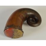 A mid 19th century curly horn snuff mull, set with a red banded agate cover, the brass mount