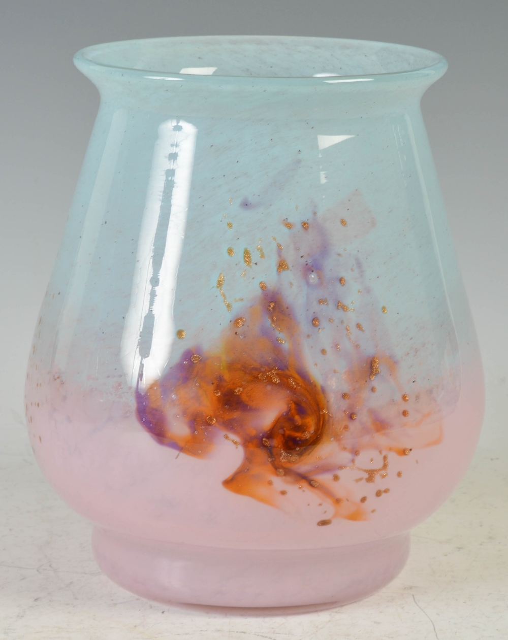 A Monart vase, shape RA, mottled blue and pink with gold coloured inclusions and three typical