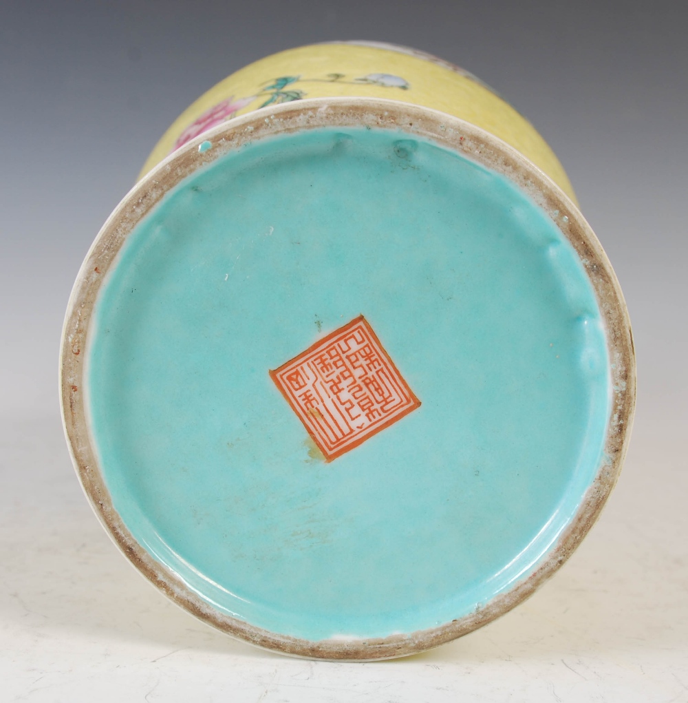 A Chinese porcelain yellow ground famille rose vase, bearing Qianlong seal mark but later, decorated - Image 10 of 11