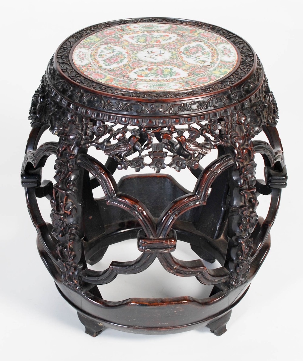 A Chinese darkwood and porcelain mounted barrel-shaped stool, Qing Dynasty, the circular top inset - Image 6 of 6