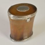 An early 18th century Scottish horn tapering baluster snuff mull, with silver scalloped border,