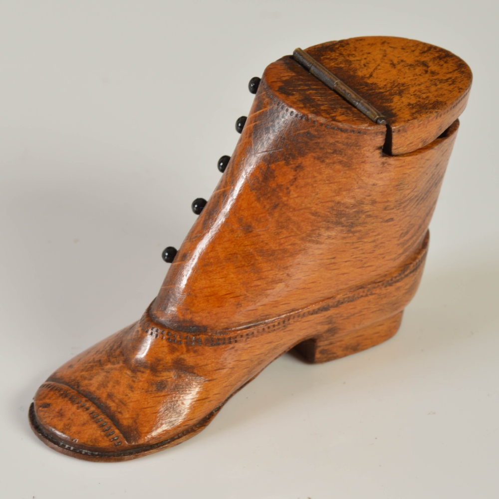 An early 19th century novelty treen snuff box carved in the form of a boot, with five stained - Image 2 of 3