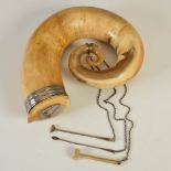 A large early 19th century blonde curly horn table snuff mull, with reeded silver collar and plain