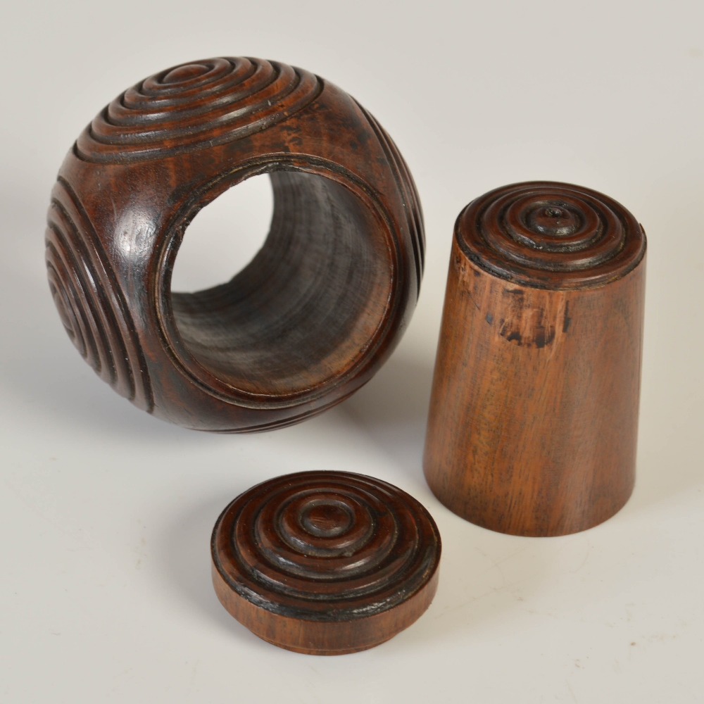A 19th century novelty treen round puzzle ball snuff box, with six concentric turned circles, one - Image 3 of 3