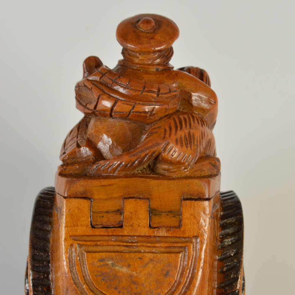 A highly unusual mid 19th century treen snuff mull, carved in the form of a ram's head with darker - Image 4 of 5