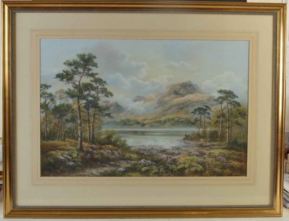 •AR Wendy Reeves (b.1945) Highland loch scene with pine trees and rowing boat on the foreshore - Image 2 of 3