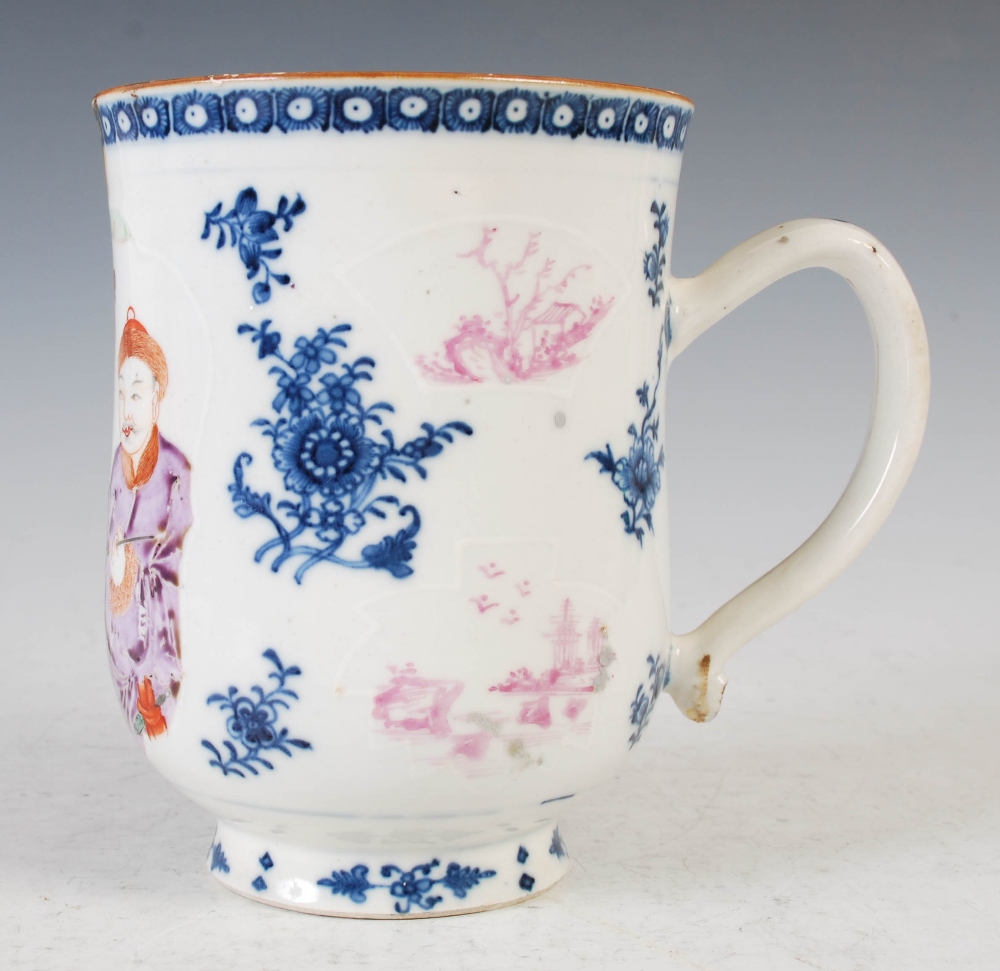 A Chinese porcelain blue and white tankard, Qing Dynasty, decorated in famille rose enamels with - Image 3 of 8