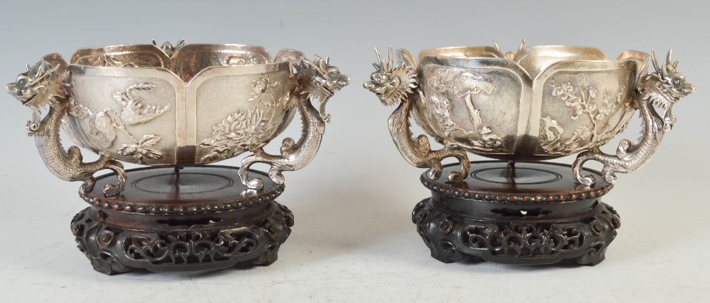 A pair of late 19th century Chinese silver tripod bowls, WANG HING, of shaped hexagonal form with - Image 2 of 9