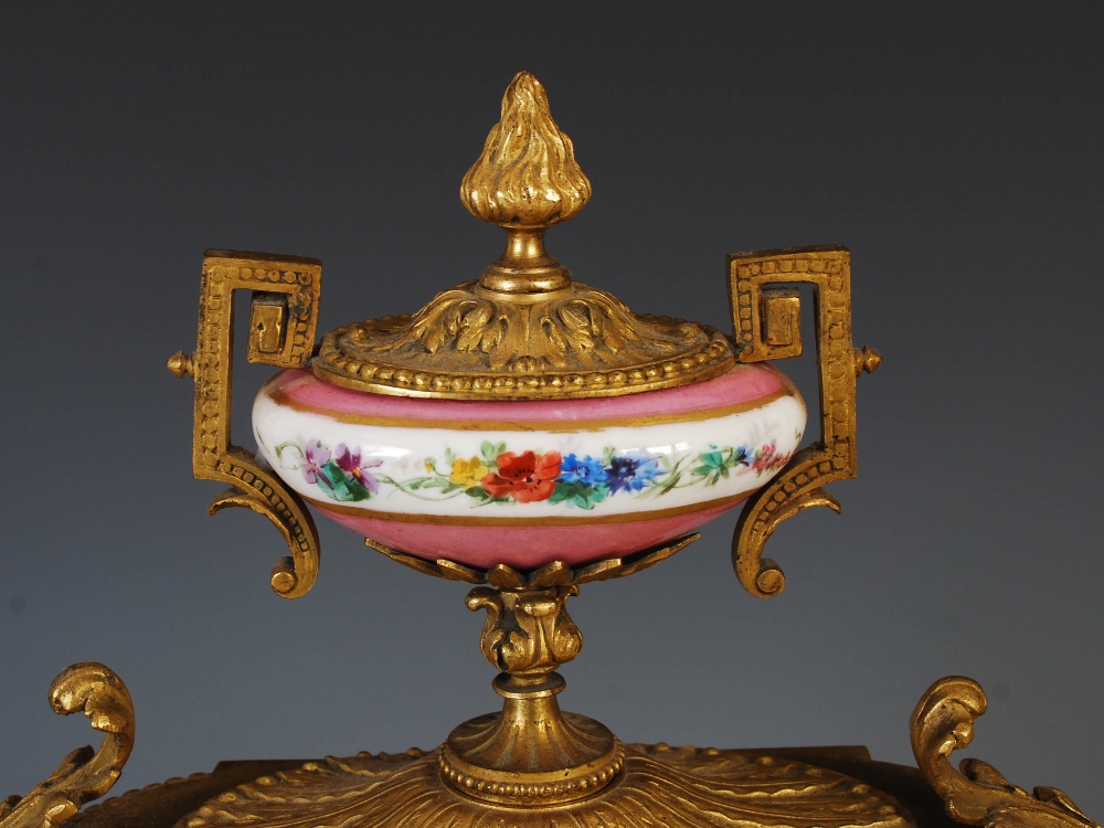 A 19th century ormolu and pink ground porcelain mounted clock garniture, the porcelain dial - Image 5 of 9