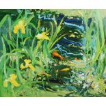 AR James Harrigan (B.1937) Yellow Iris and Carp oil on board, signed lower middle 49.5cm x 59.5cm