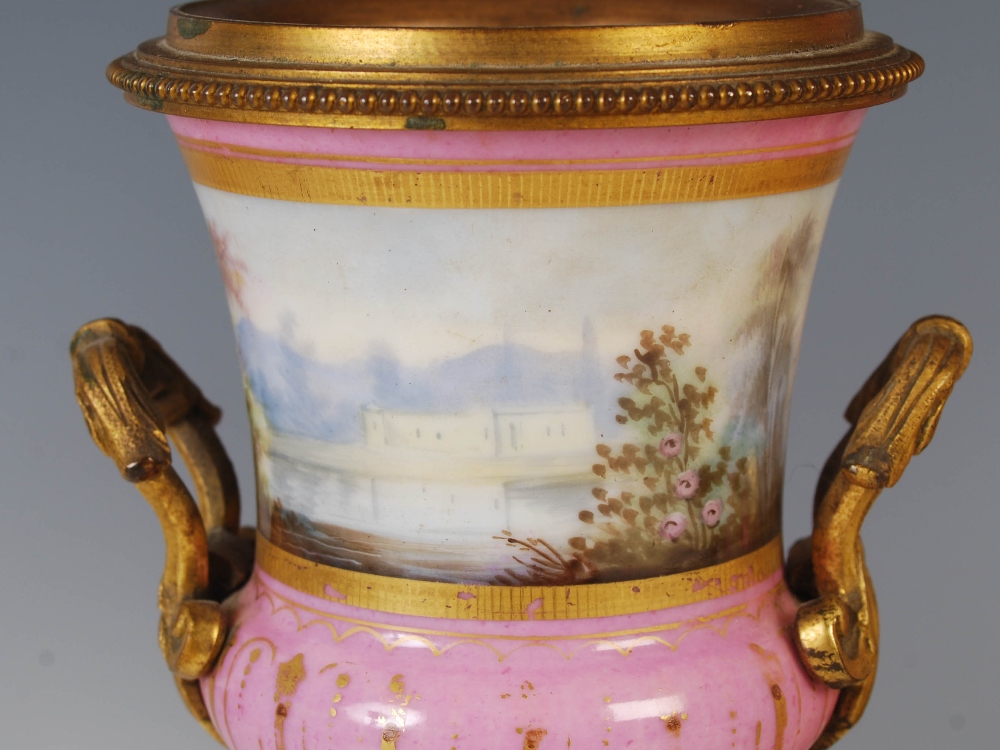 A 19th century ormolu and pink ground porcelain mounted clock garniture, the porcelain dial - Image 3 of 9