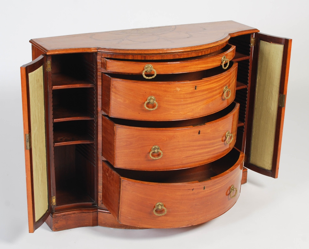 A 19th century mahogany and marquetry inlaid bowfront side cabinet, the shaped top with Neoclassical - Image 3 of 5