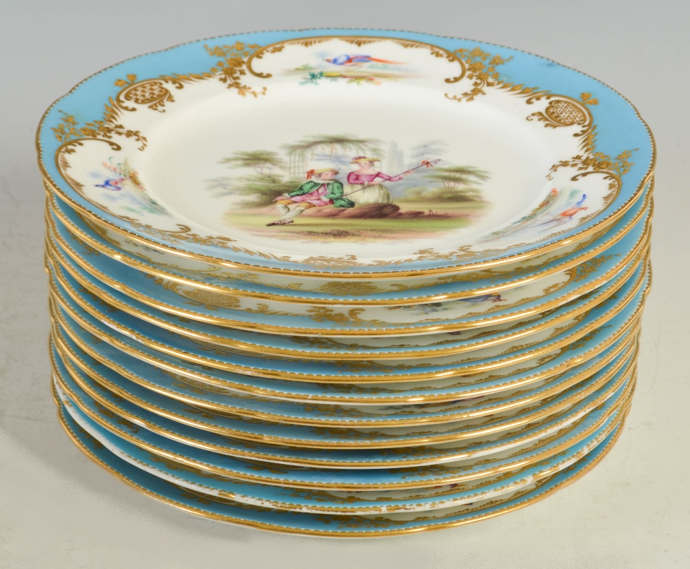A 19th century Continental porcelain bleu celeste ground fruit set, with hand painted decoration - Image 4 of 6