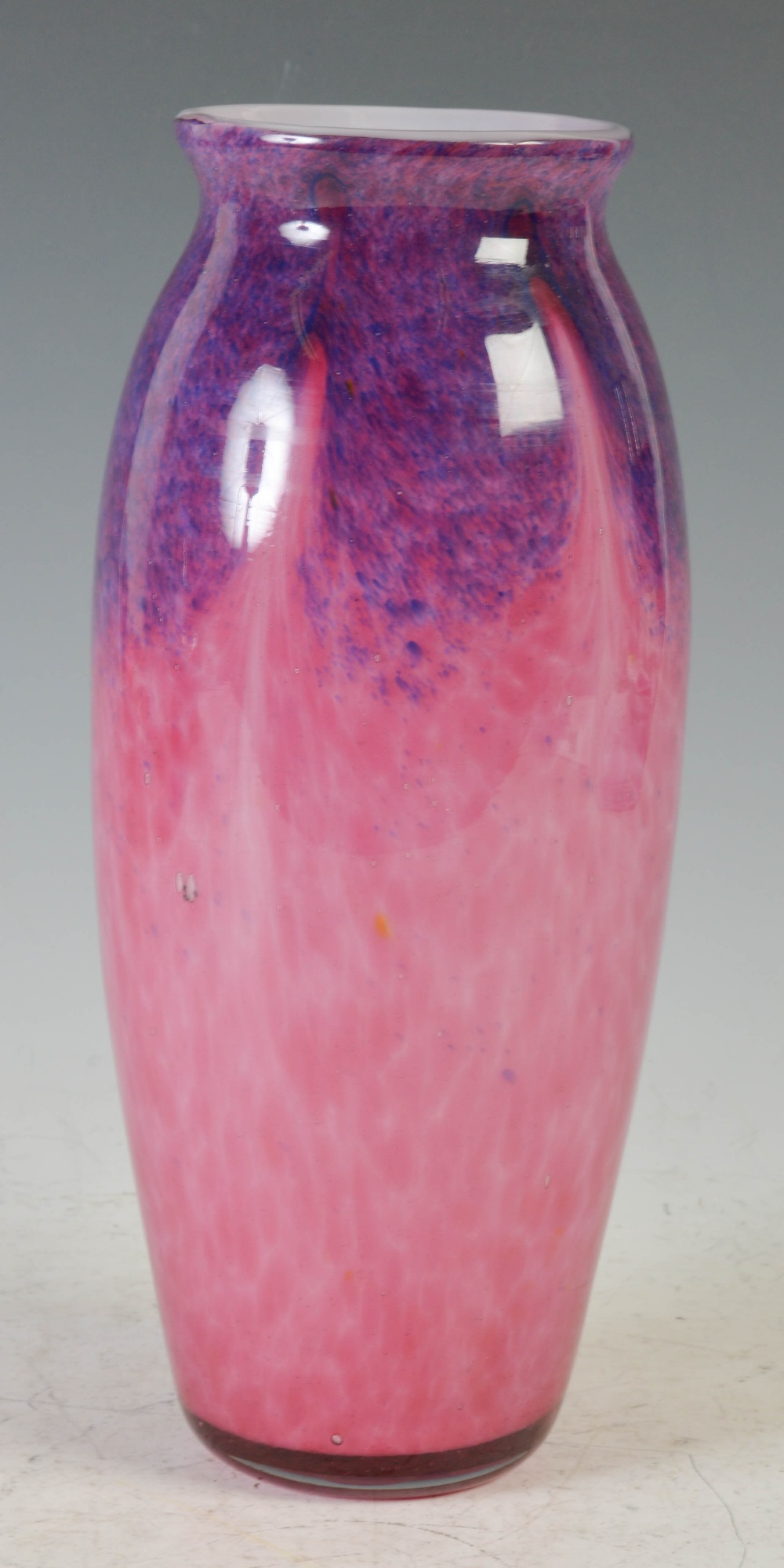 A Liberty colour combination Monart vase, probably shape UA, mottled purple and pink with opaque