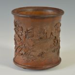A Chinese bamboo brush pot, 20th century, carved in shallow relief with ducks, peony and lotus,