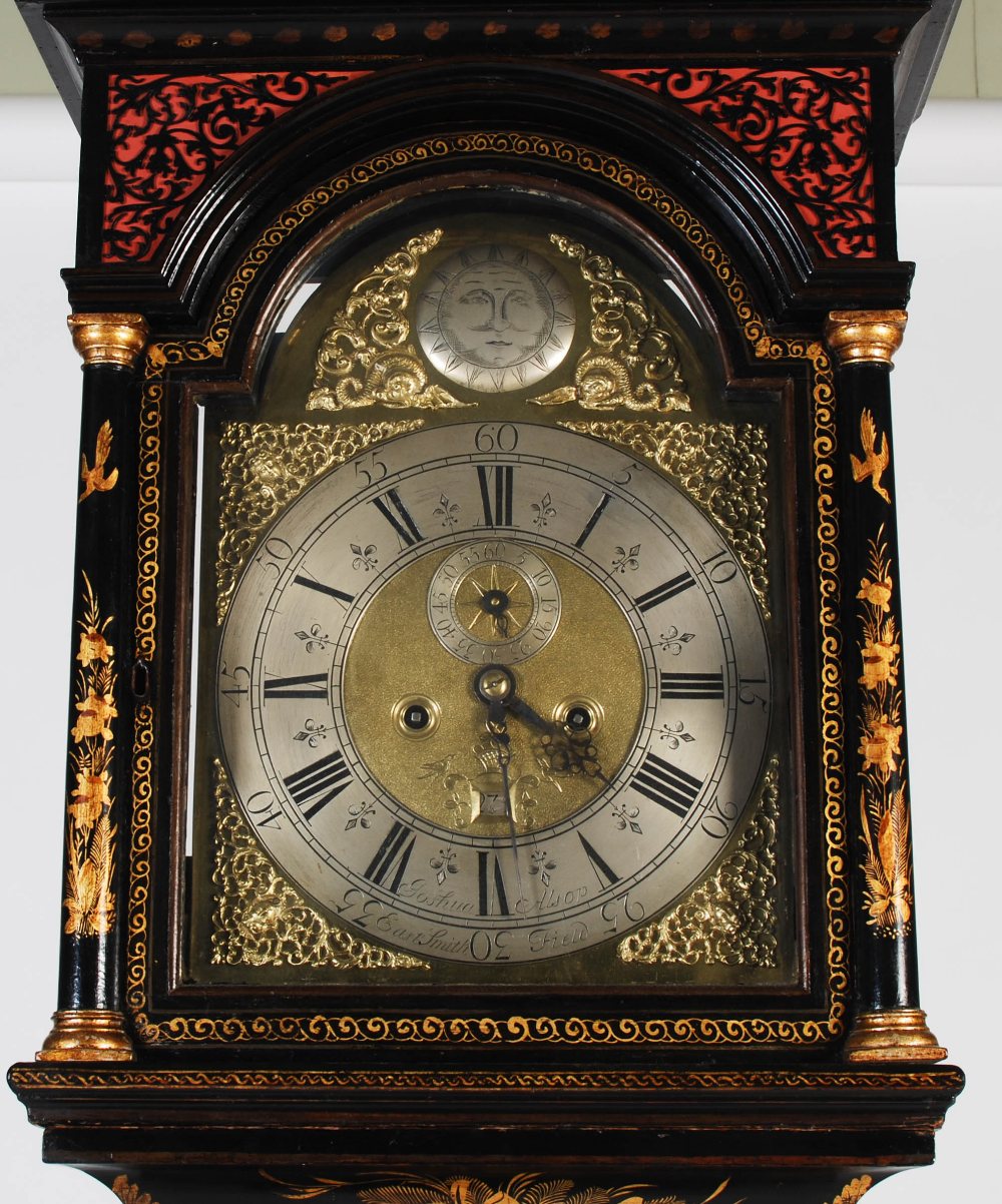 An 18th century black lacquer longcase clock, Joshua Alsop, East Smithfield, the brass dial with - Image 2 of 12