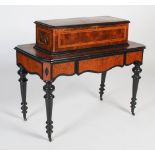 A 19th century amboyna and ebonised music box on integral table stand, the musical box with 13"