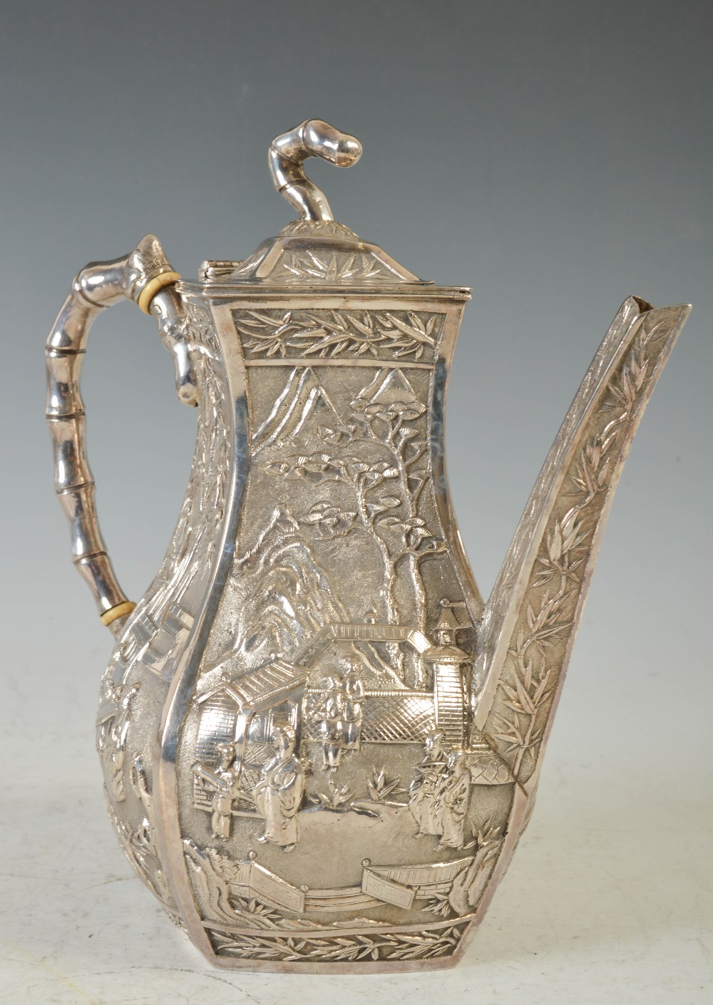 A late 19th century Chinese silver four piece tea and coffee set, WANG HING, lozenge shaped with - Image 4 of 7