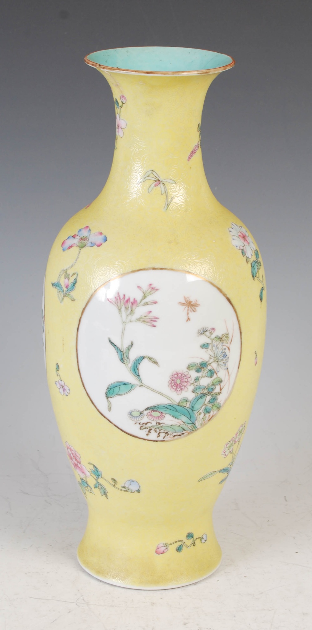 A Chinese porcelain yellow ground famille rose vase, bearing Qianlong seal mark but later, decorated - Image 2 of 11