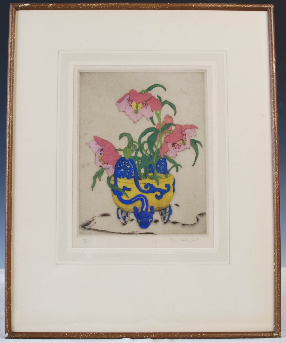 •AR Elyse Ashe Lord (1900-1971) Still life hand coloured etching, signed lower right and numbered - Image 2 of 7