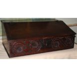 A late 17th / 18th century large oak bible box, with chip carved detail, 71.5cm wide x 27cm high