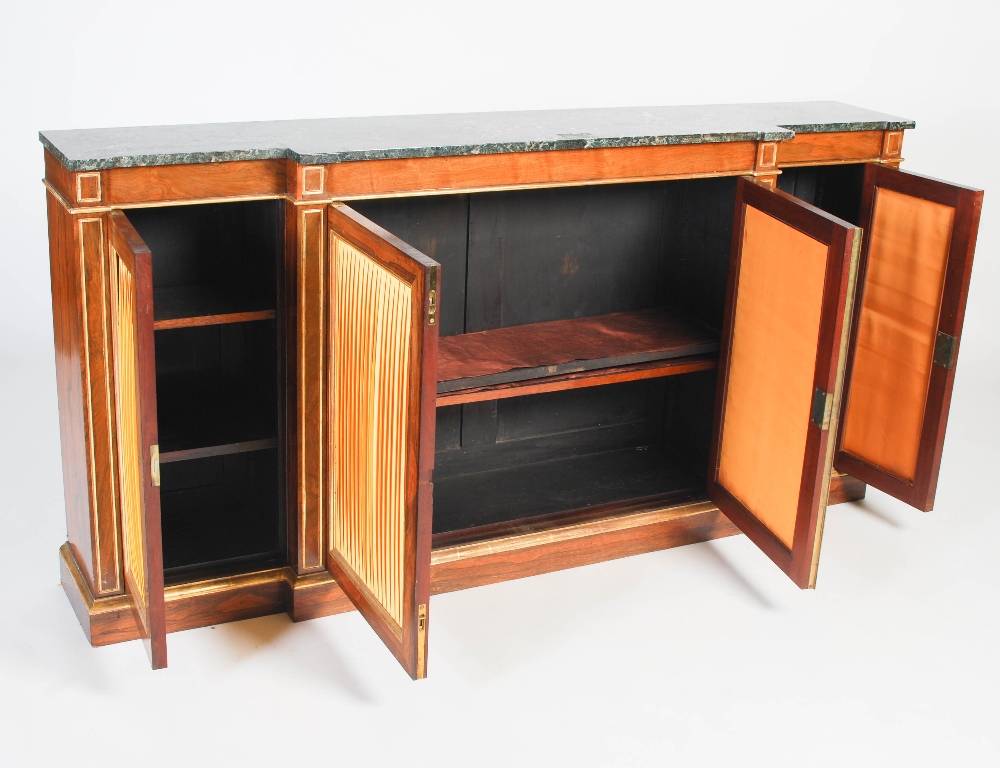 A 19th century rosewood and parcel gilt breakfront side cabinet, the mottled green and white - Image 4 of 7