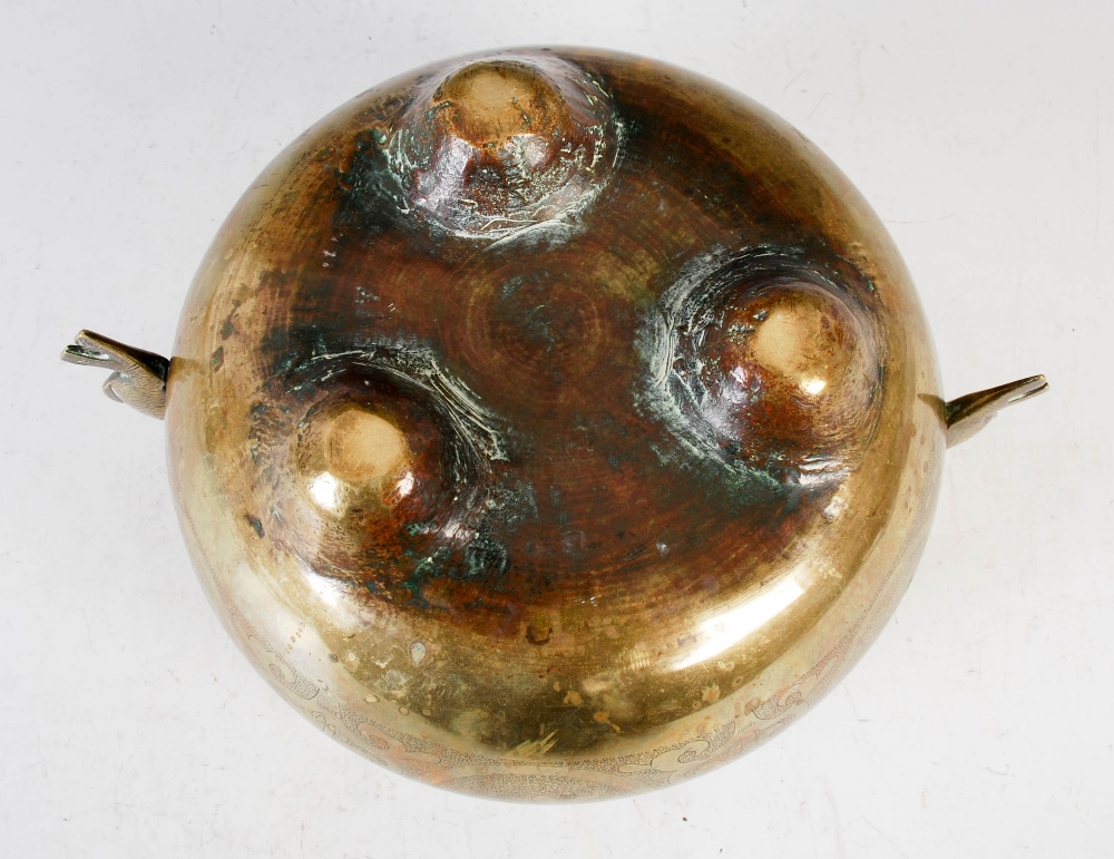 A Chinese bronze censer, of circular form, raised on three prong feet with applied fish shaped - Image 8 of 8