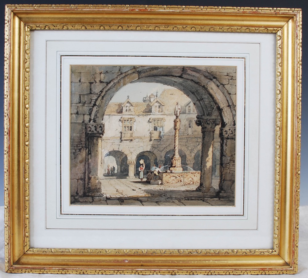 Samuel Prout (1783-1852) Cloisters with fountain and figures watercolour 22cm x 26.5cm - Image 2 of 5