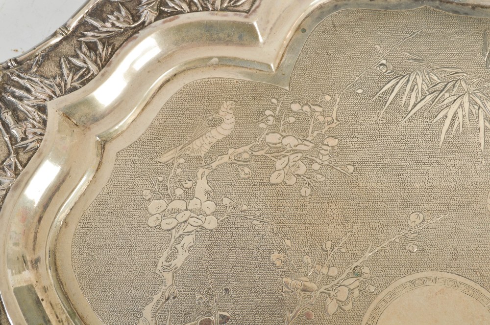 A late 19th century Chinese silver salver/ tray, WANG HING, of shaped hexagonal form with engraved - Image 3 of 6