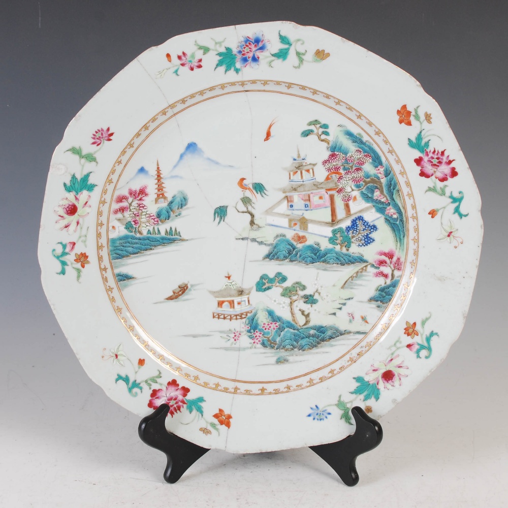 Three pieces of Chinese famille rose porcelain, Qing Dynasty, comprising; a decagon shaped charger - Image 2 of 17