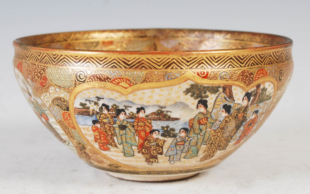 A Japanese Satsuma pottery bowl, Meiji Period, the interior decorated with a crowd of figures, the - Image 2 of 8