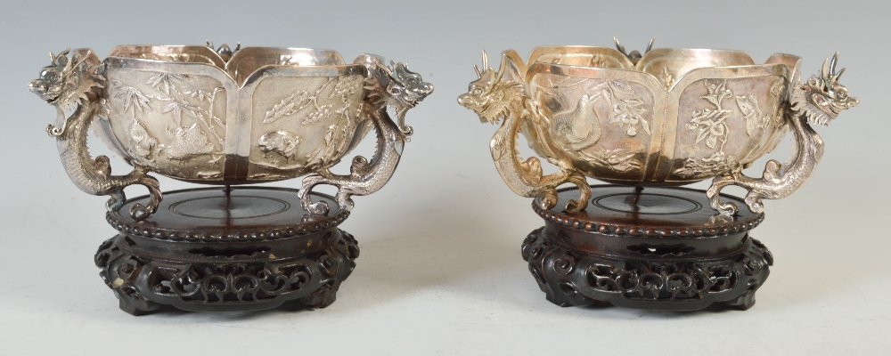 A pair of late 19th century Chinese silver tripod bowls, WANG HING, of shaped hexagonal form with - Image 4 of 9