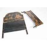 An early 20th century Chinoiserie black lacquer single bed, comprising head board and foot board,