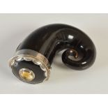 A curly horn snuff mull with silver mounts, scalloped collar and set with a faceted citrine, the