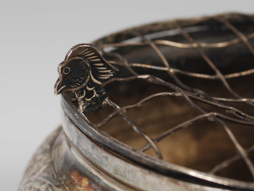 A Middle Eastern white metal rose bowl, the hinged grill with bird head thumb piece, with engraved - Image 5 of 7