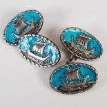 Alexander Ritchie, a pair of white metal and enamel cufflinks, the oval shaped panels decorated with