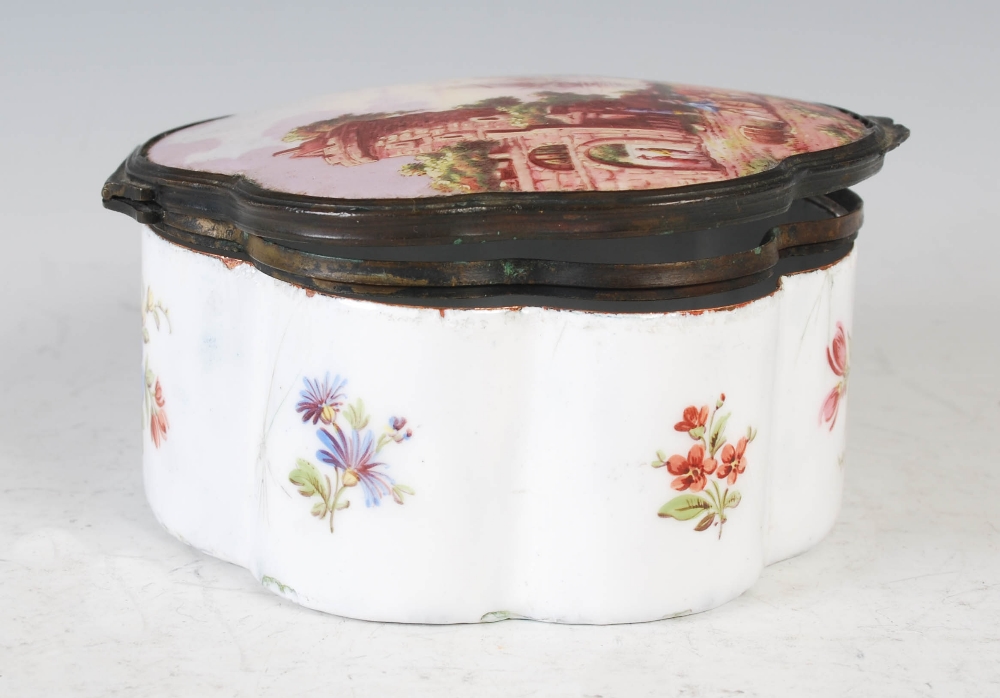 An 18th century enamel on copper quatrefoil shaped box, the hinged cover decorated with river - Image 5 of 10