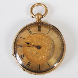 A yellow metal open faced pocket watch, Benson, London, with Roman numeral dial, the pendant stamped