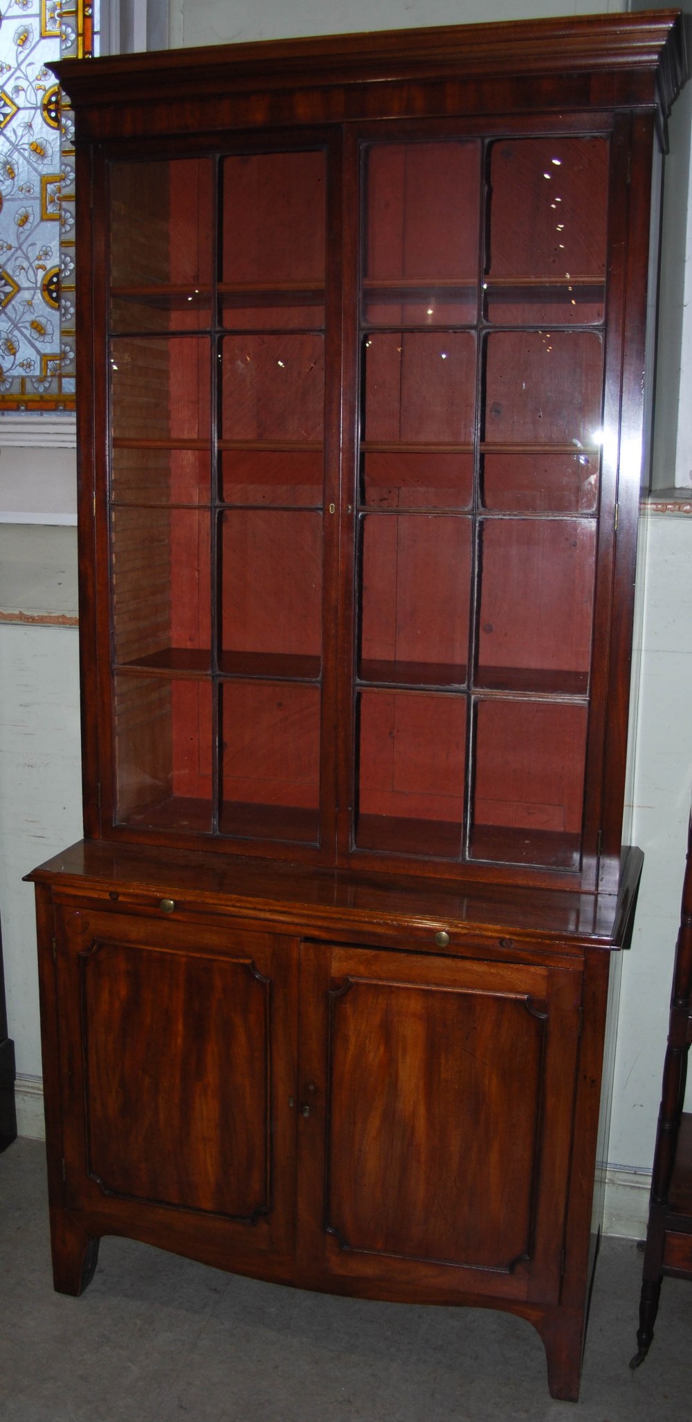 A 19th century mahogany bookcase, the moulded cornice above a pair of astragal glazed cupboard doors