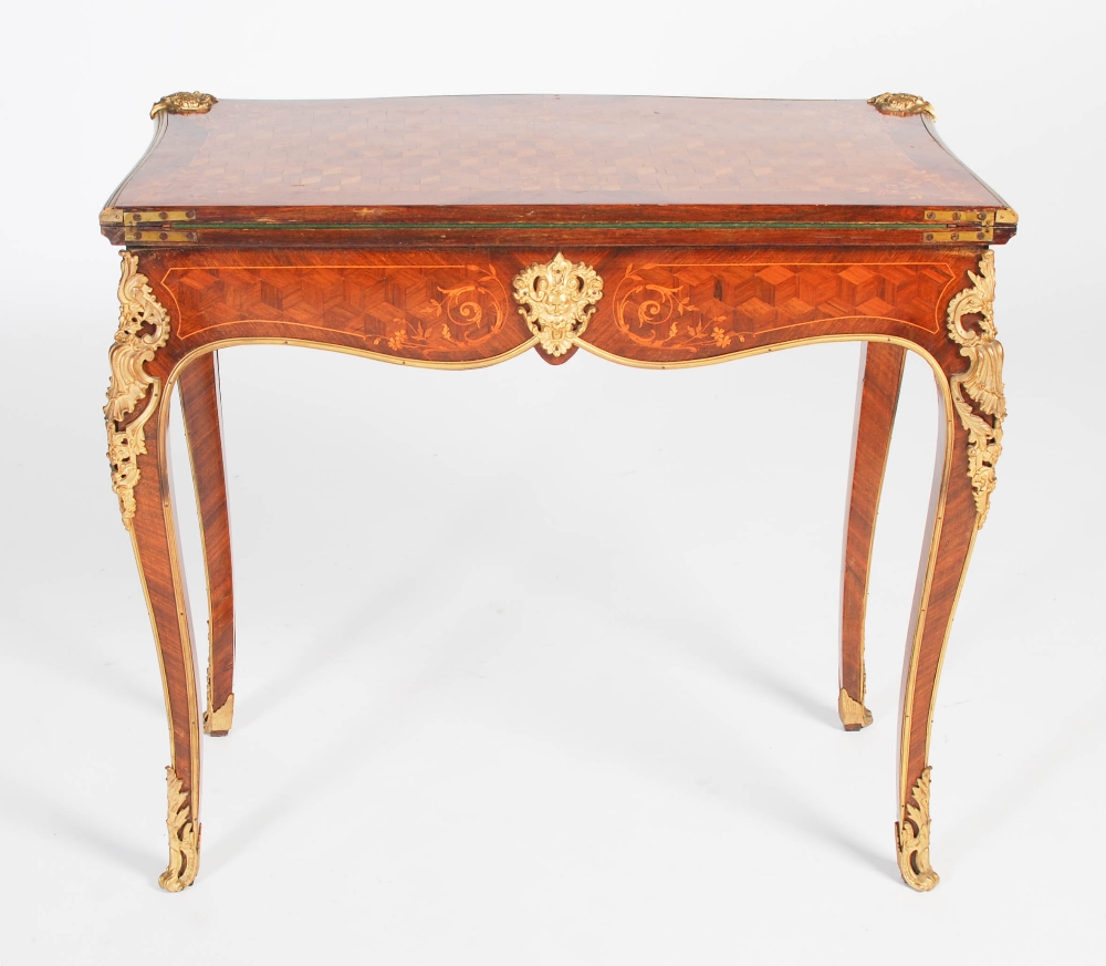 A late 19th/ early 20th century rosewood, parquetry and gilt metal mounted games/ card table, the - Image 7 of 7