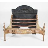 A George III style steel and brass fire basket, the back plate with cast urn detail, the pierced