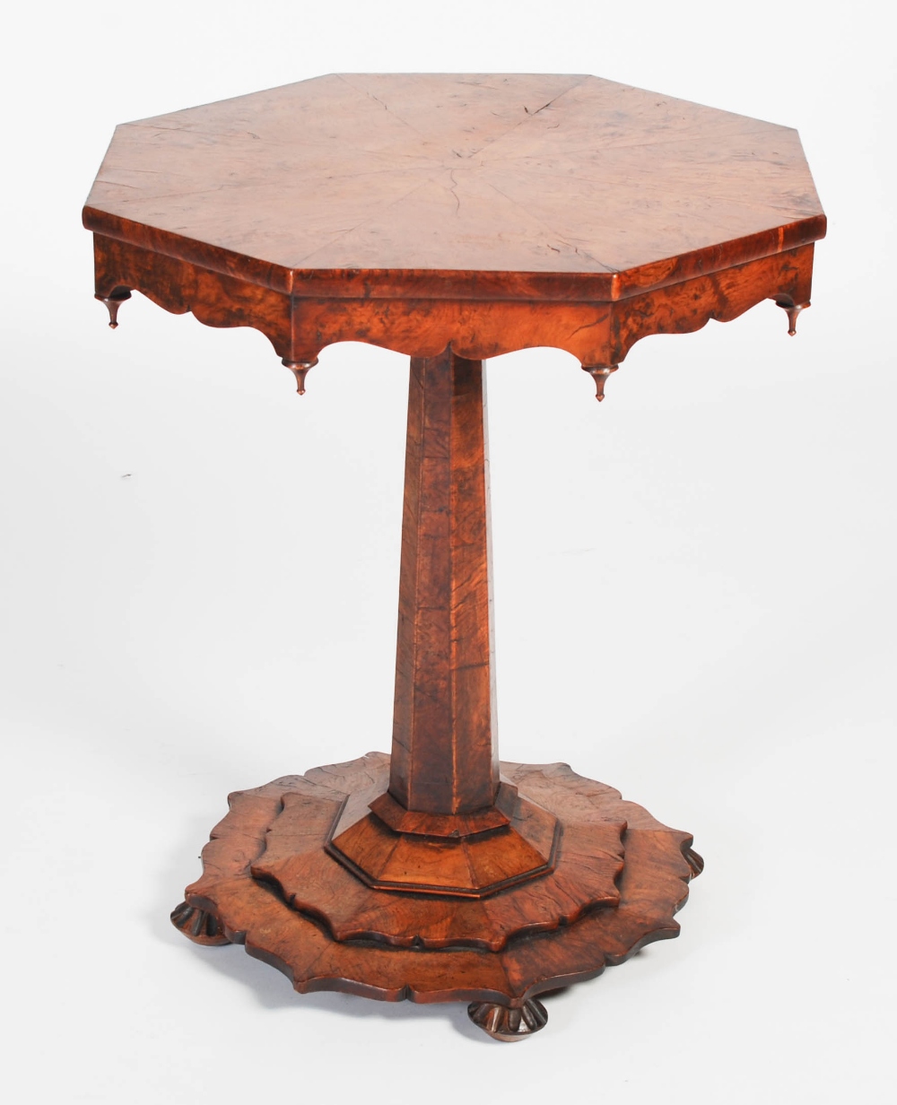 A 19th century burr wood snap-top occasional table, the hinged octagonal top with radiating burr