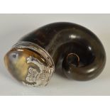 A mid 19th century curly horn snuff mull, with silver thistle leaf and coronet mount inscribed 'J.