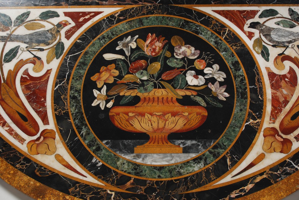 An Italian pietra dura and gilt wood demilune console table, the pietra dura top inlaid with various - Image 4 of 11