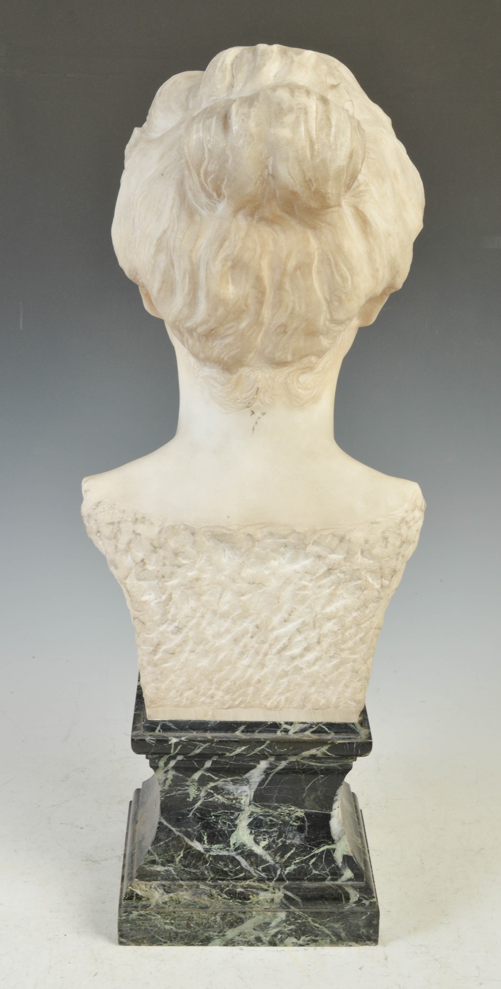 An early 20th century white marble bust of a lady, on green plinth base, 64cm high. - Image 4 of 8