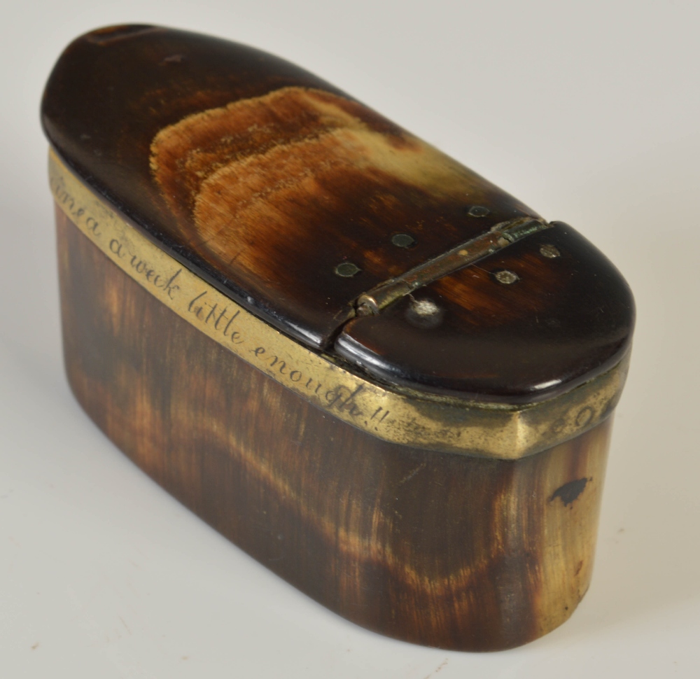 An early 19th century plain horn oblong cut-cornered snuff box, with brass mounts, the collar - Image 3 of 3