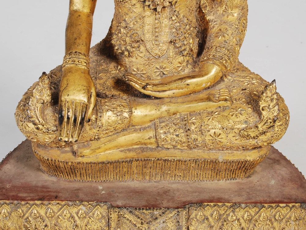 A Thai gilt metal figure of Buddha, on stepped plinth, 90cm high - Image 3 of 8